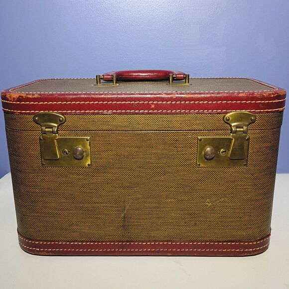 Vintage Skyway Tweed Train Case Cosmetic Luggage Red Lining Old Money Academia - Picture 1 of 14